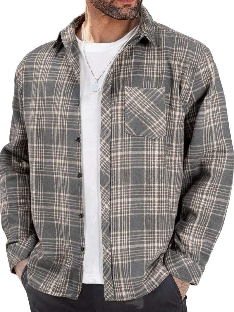 Men’s Flannel Button Down Shirt Casual Plaid Long Sleeve Lightweight Soft Tops with Pockets