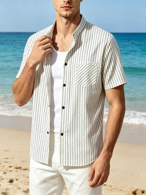 Men’s Banded Collar Stripe Short Sleeve Button Down Shirt Mandarin Collar Casual Top