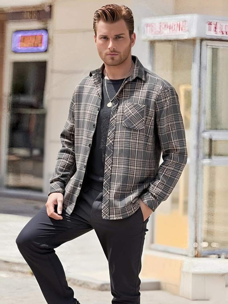 Men’s Flannel Button Down Shirt Casual Plaid Long Sleeve Lightweight Soft Tops with Pockets