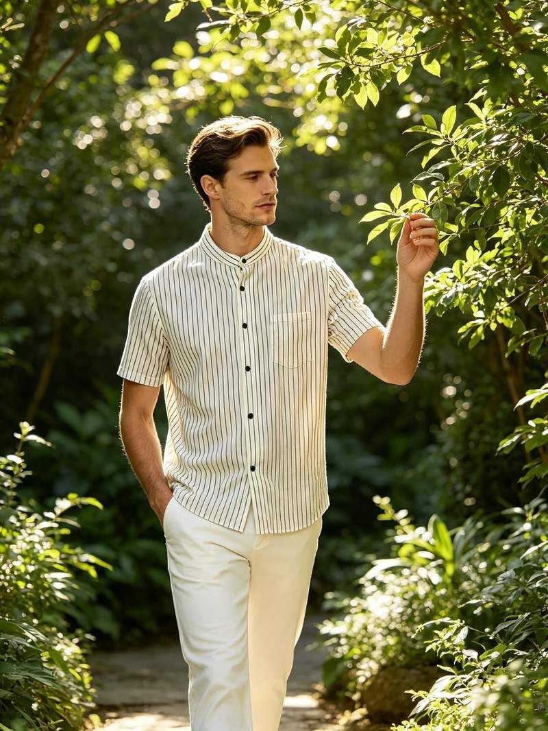Men’s Banded Collar Stripe Short Sleeve Button Down Shirt Mandarin Collar Casual Top