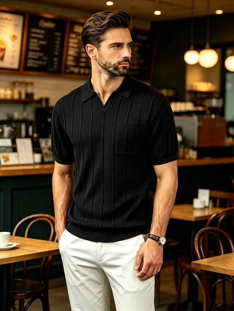 Men’s Knit Polo Shirts Short Sleeve V Neck Buttonless Textured Pullover Casual Golf Shirt