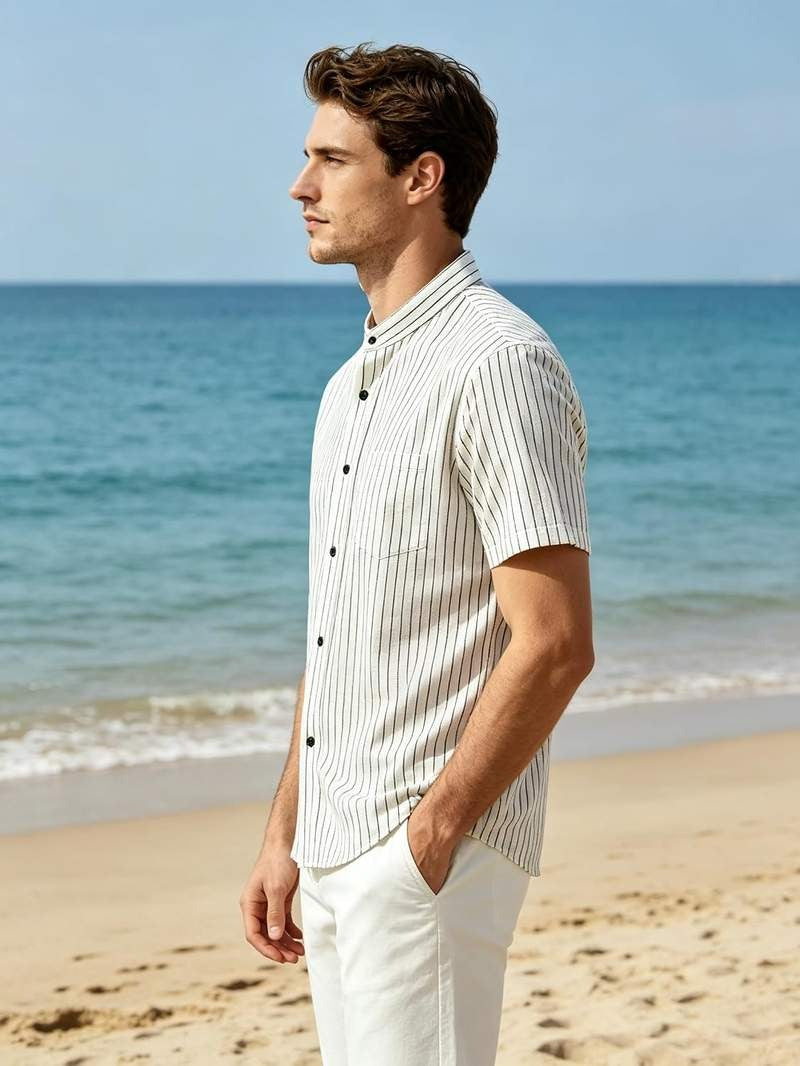 Men’s Banded Collar Stripe Short Sleeve Button Down Shirt Mandarin Collar Casual Top