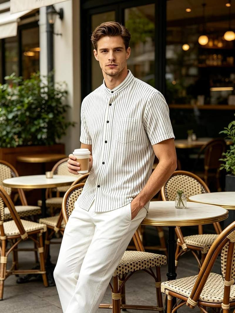 Men’s Banded Collar Stripe Short Sleeve Button Down Shirt Mandarin Collar Casual Top