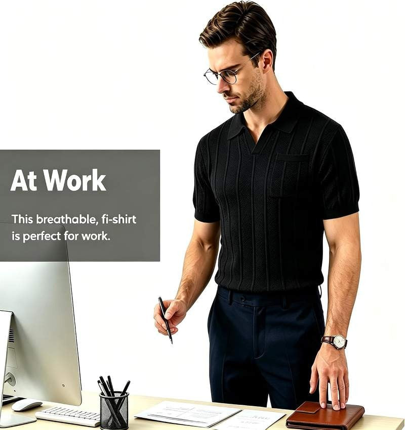 Men’s Knit Polo Shirts Short Sleeve V Neck Buttonless Textured Pullover Casual Golf Shirt