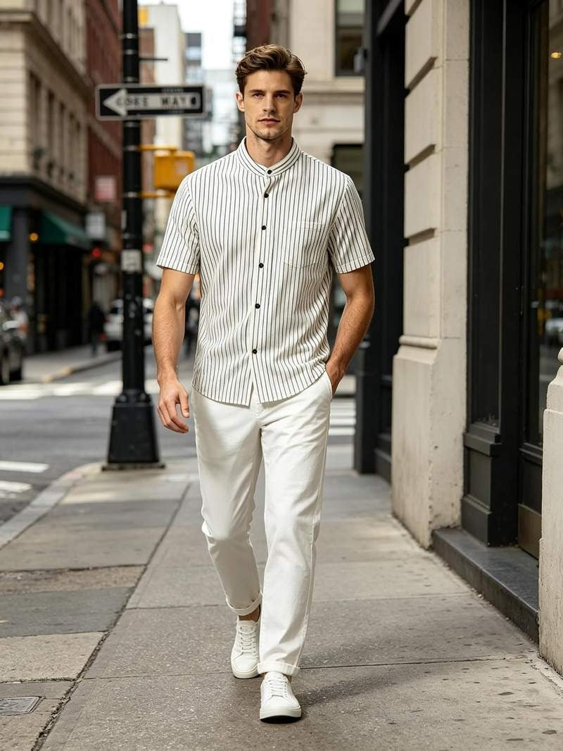 Men’s Banded Collar Stripe Short Sleeve Button Down Shirt Mandarin Collar Casual Top
