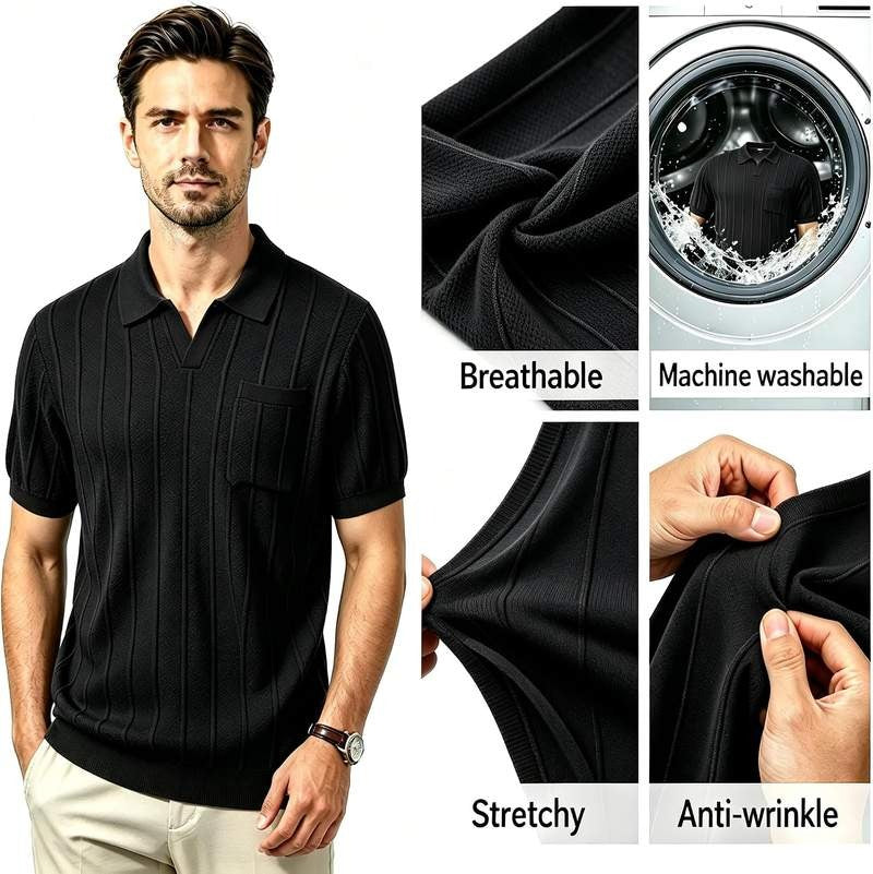Men’s Knit Polo Shirts Short Sleeve V Neck Buttonless Textured Pullover Casual Golf Shirt