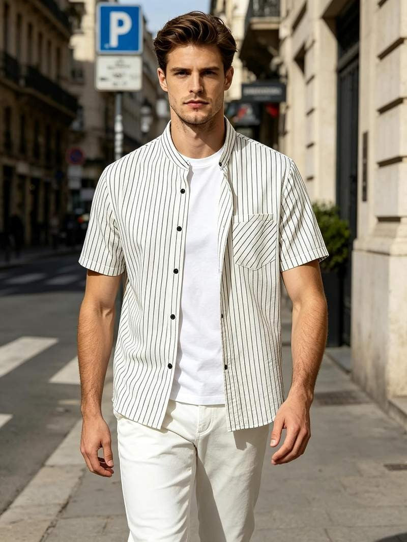 Men’s Banded Collar Stripe Short Sleeve Button Down Shirt Mandarin Collar Casual Top