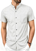 Men’s Banded Collar Stripe Short Sleeve Button Down Shirt Mandarin Collar Casual Top