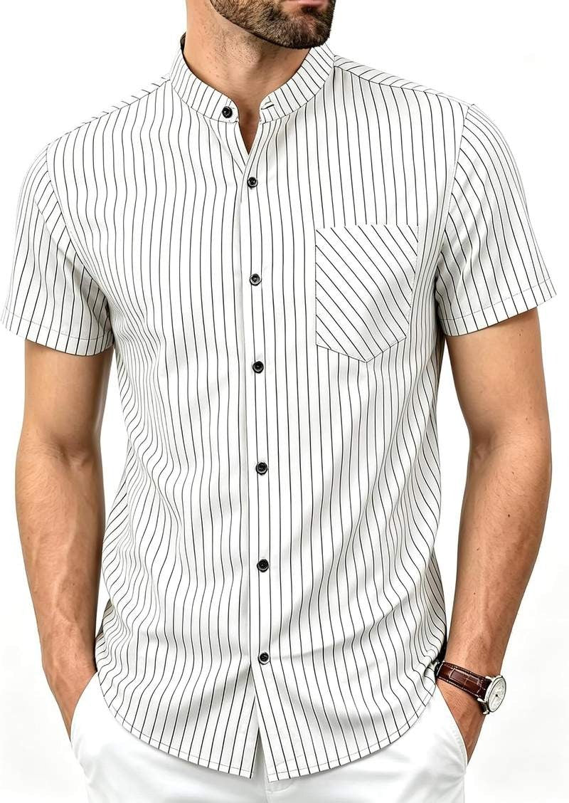 Men’s Banded Collar Stripe Short Sleeve Button Down Shirt Mandarin Collar Casual Top