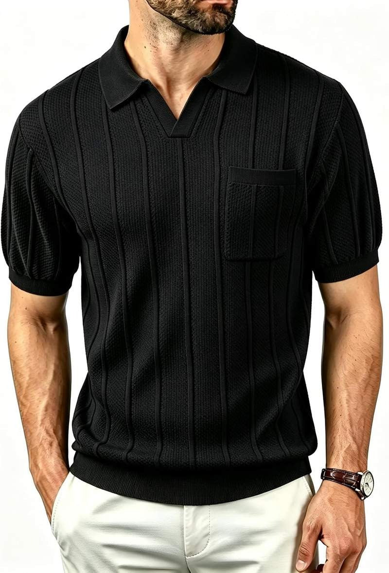 Men’s Knit Polo Shirts Short Sleeve V Neck Buttonless Textured Pullover Casual Golf Shirt