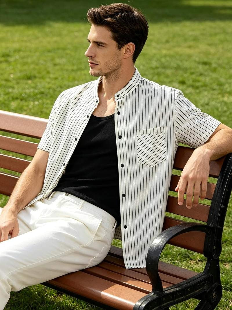 Men’s Banded Collar Stripe Short Sleeve Button Down Shirt Mandarin Collar Casual Top